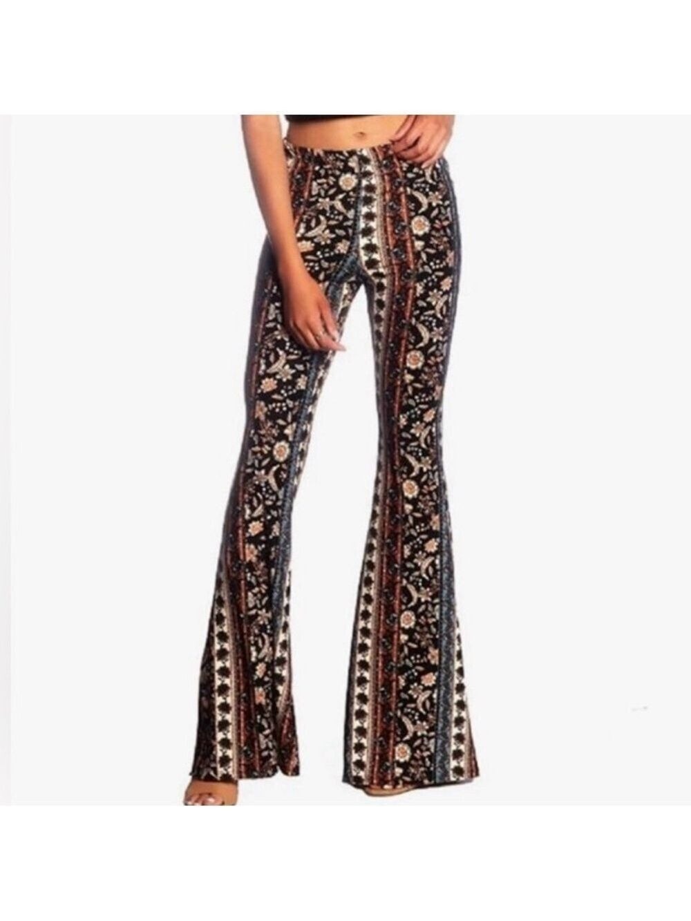 Wide Leg Boho Floral Print Pants - Black